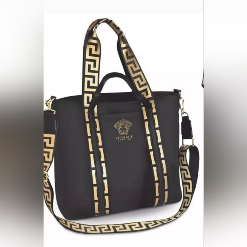 Versace Black and Gold Messenger Bag with Greca Pattern